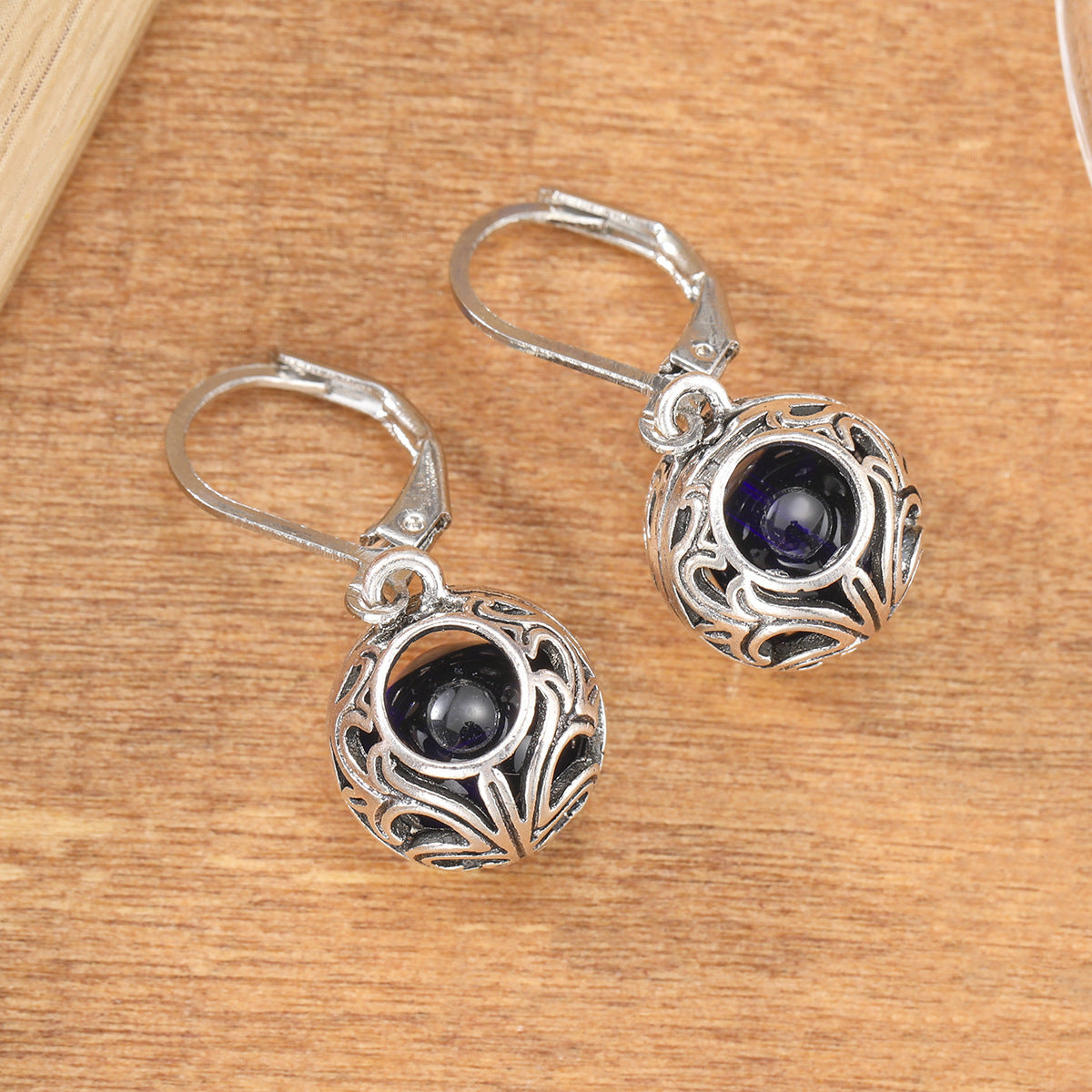 Vintage Engraving Hollow Blue Drop Earrings