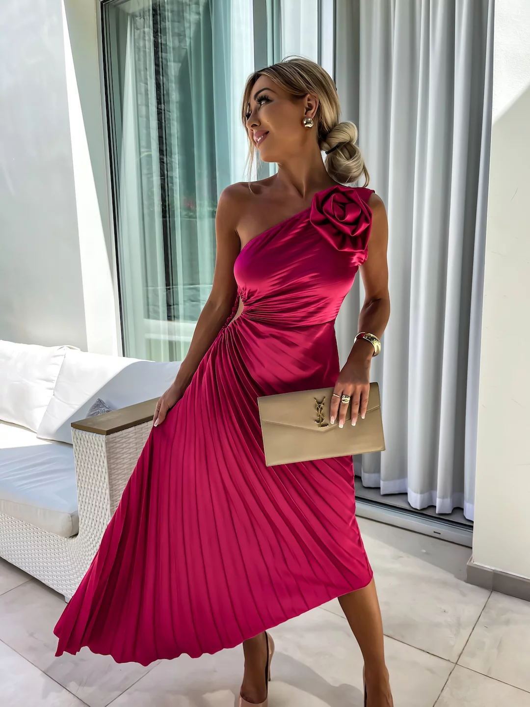 Big Rose Pleated One-Shoulder Dress