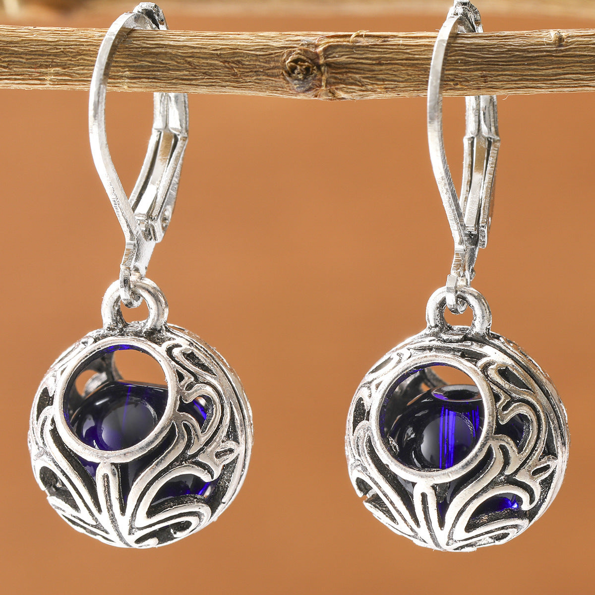 Vintage Engraving Hollow Blue Drop Earrings