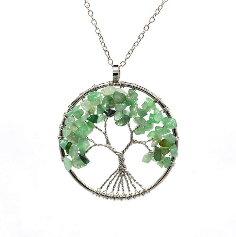 Colorful Life Tree necklace featuring a handcrafted tree design with natural stone chips in vibrant green.