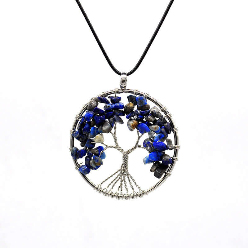 Colorful Life Tree necklace featuring a beautiful copper wire design and blue natural stone chips.