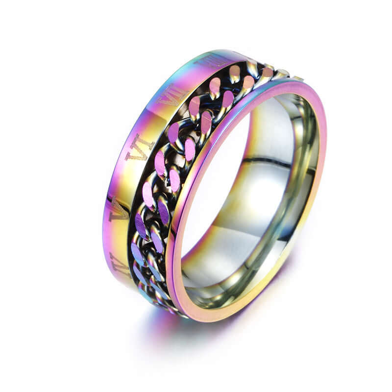 Titanium Steel Bottle Opener Ring in rainbow finish, featuring a chain design and stylish smooth surface.
