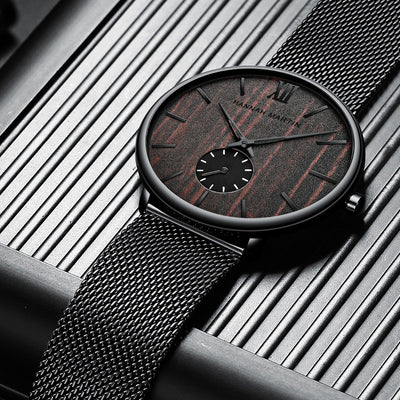 Men's Ebony Wood Bamboo Wrist Watch, Handmade