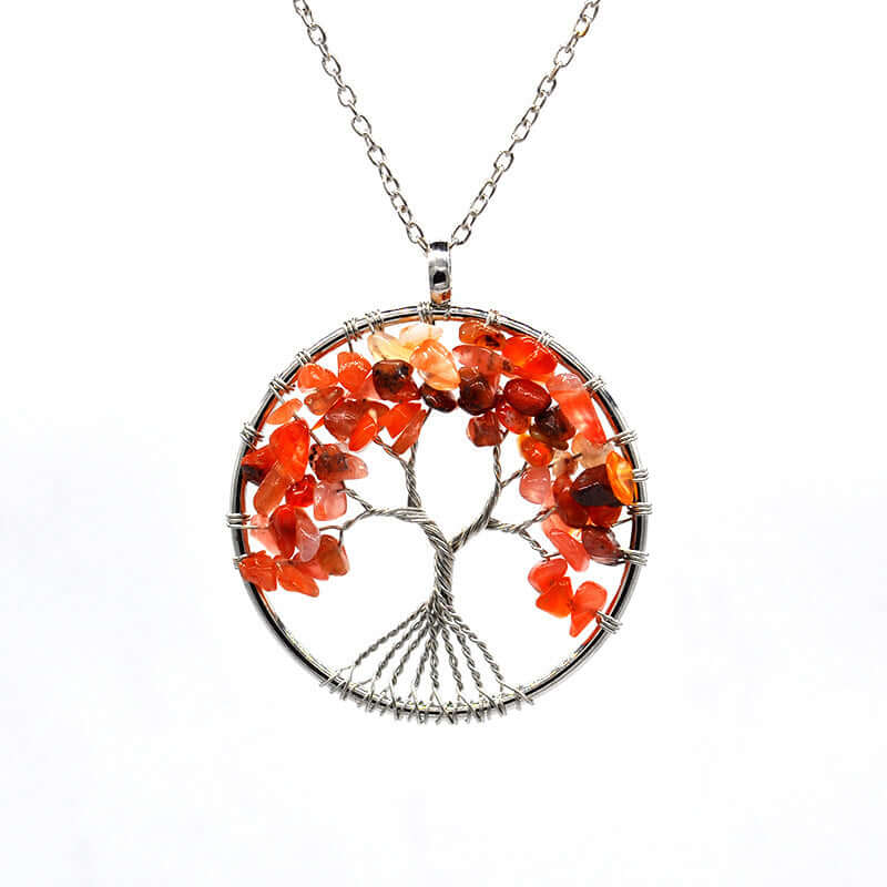Colorful Life Tree necklace with natural stone chips and handcrafted copper wire design.