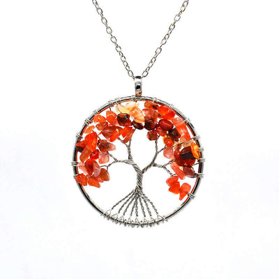 Colorful Life Tree necklace with natural stone chips and handcrafted copper wire design.
