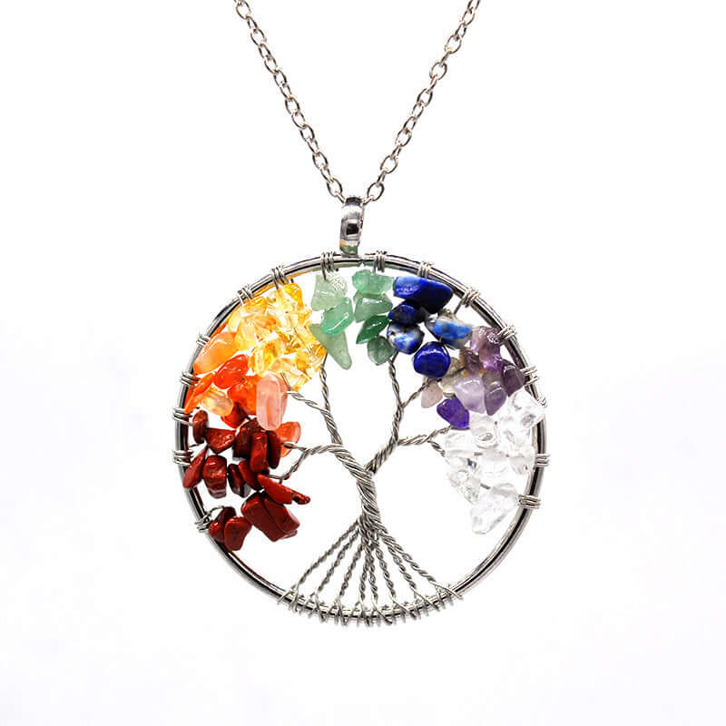 Colorful Life Tree necklace featuring handcrafted copper wire and vibrant natural stone chips in a tree design.