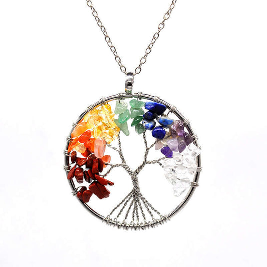 Colorful Life Tree necklace featuring handcrafted copper wire and vibrant natural stone chips in a tree design.