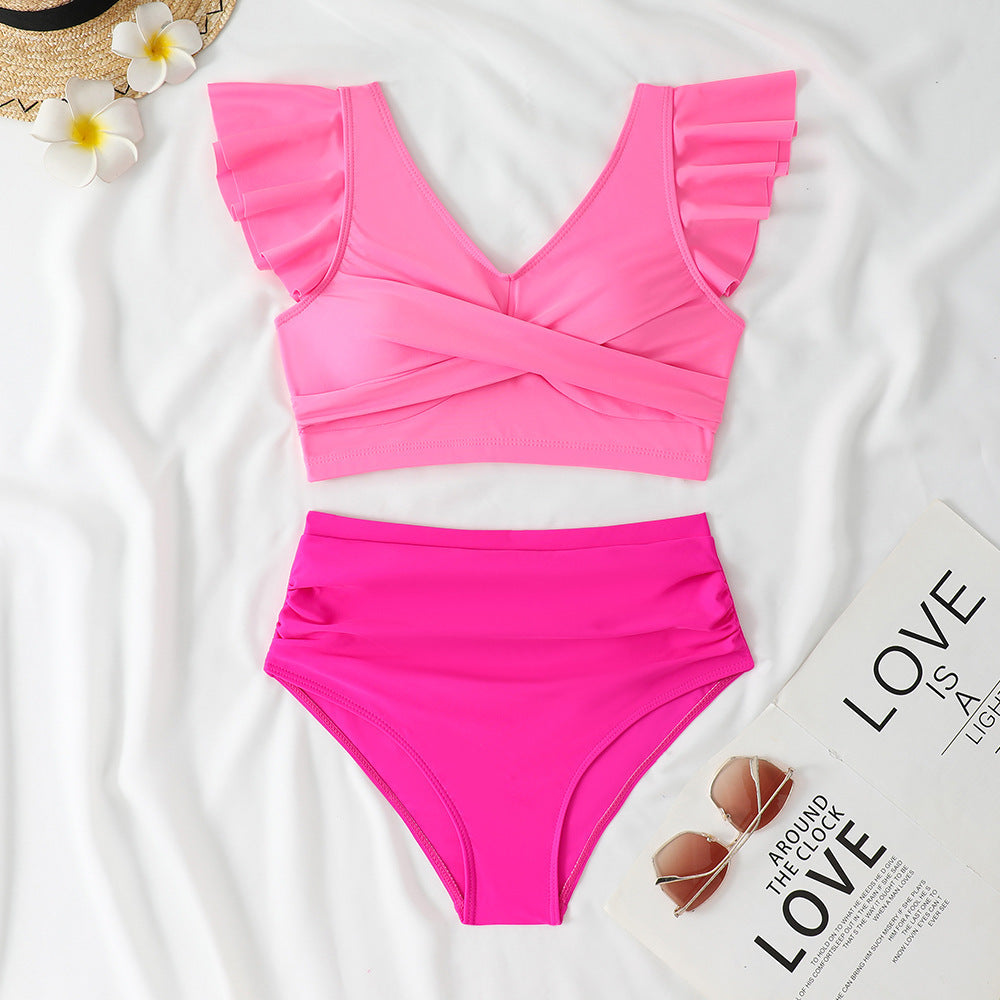 Split High Waist V-Neck Ruffled Bikini