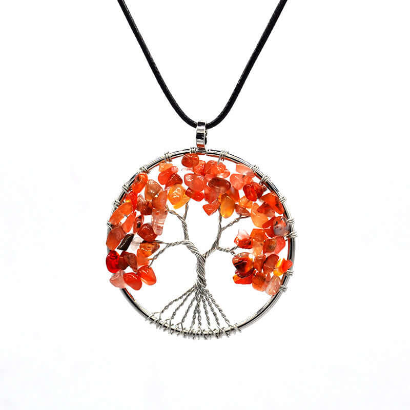 Colorful Life Tree necklace featuring a handcrafted copper wire tree design with natural stone chips in orange hues.