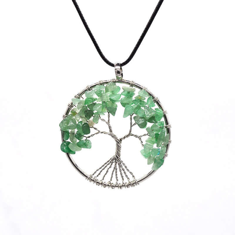Colorful Life Tree necklace featuring a handcrafted tree design with green natural stone chips on a black cord.