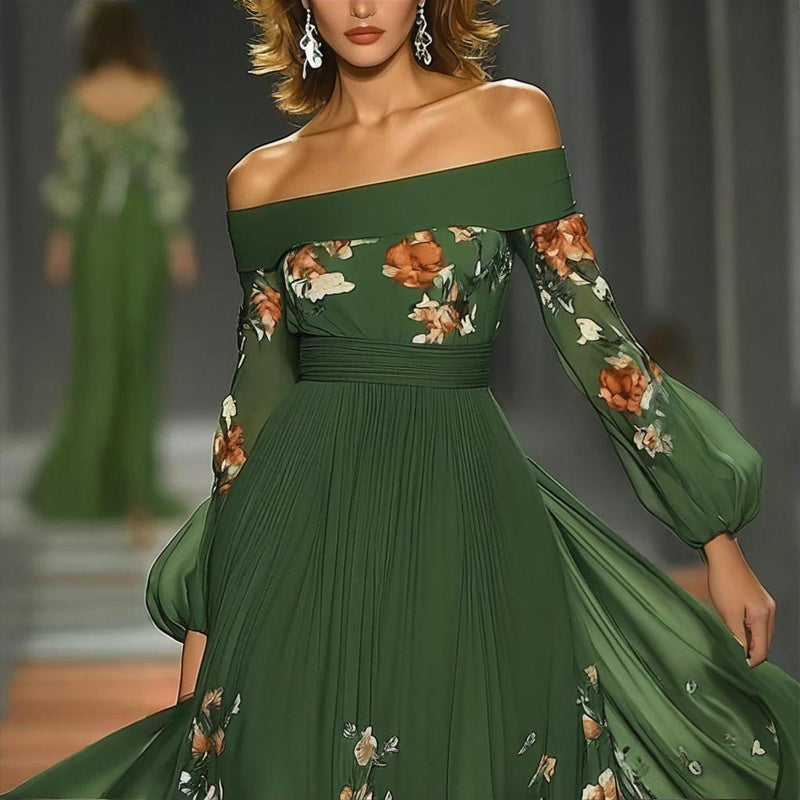 Elegant Green Off-Shoulder Floral Dress