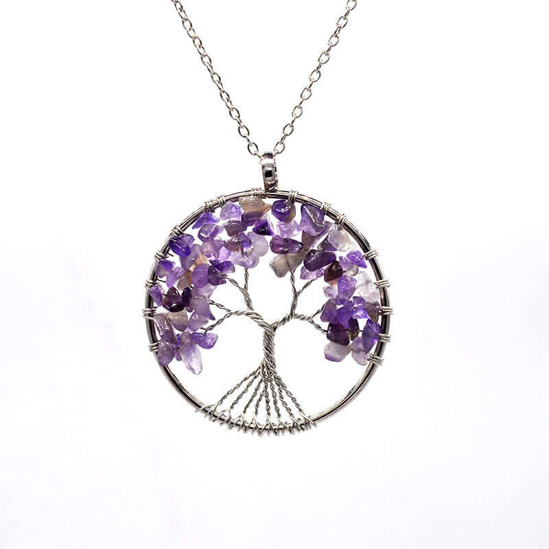 Colorful Life Tree necklace featuring handcrafted tree of life design with natural purple stone chips and silver wire.