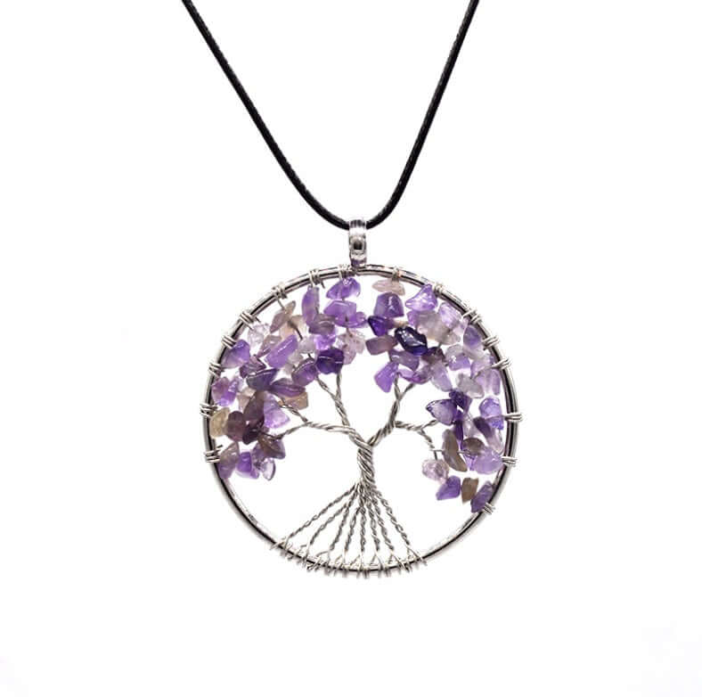 Colorful Life Tree necklace made with purple stone chips and copper wire on a black cord.