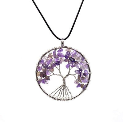 Colorful Life Tree necklace made with purple stone chips and copper wire on a black cord.