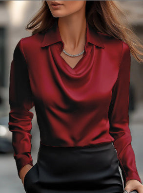 Swing Collar Draped Satin Shirt