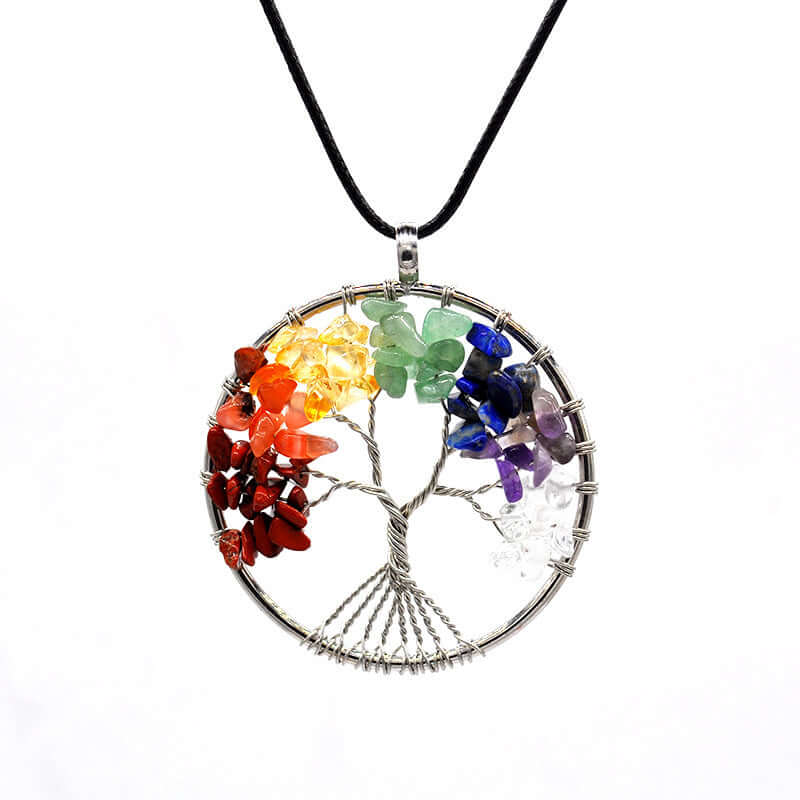 Colorful Life Tree necklace featuring a handcrafted tree pendant with natural stone chips in vibrant colors.