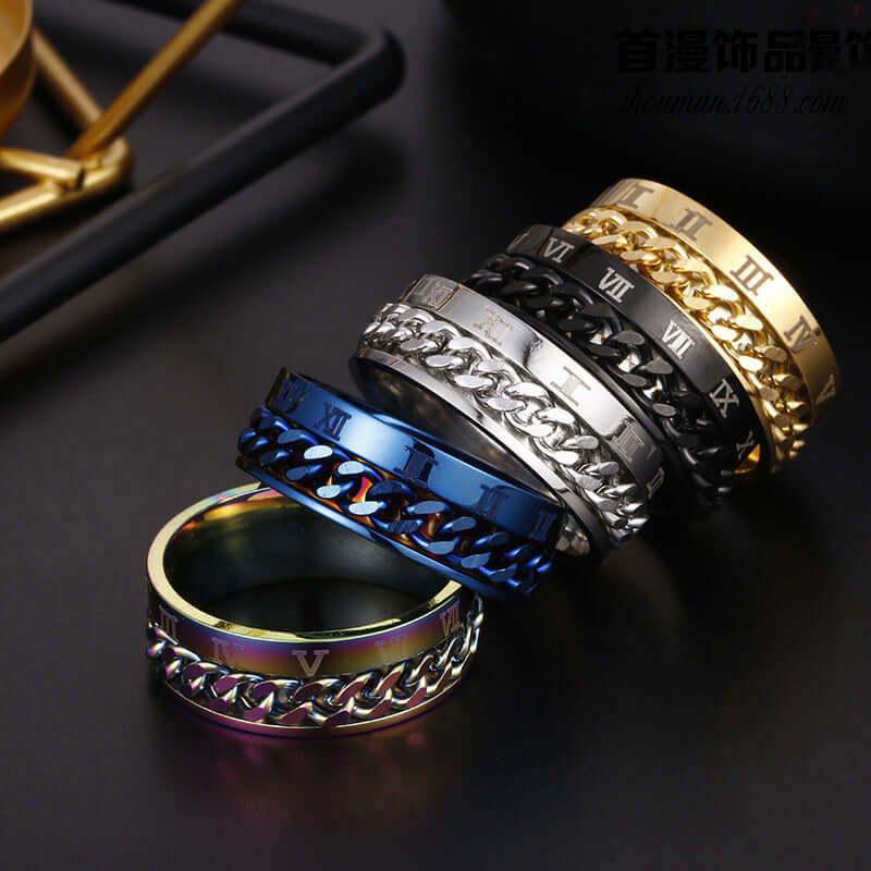 Titanium Steel Bottle Opener Ring displayed among various stylish rings in different finishes.