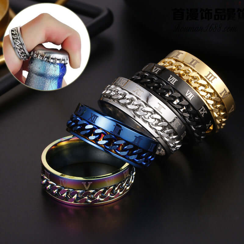 Titanium Steel Bottle Opener Ring assortment showcasing stylish design and functionality with built-in bottle opener.