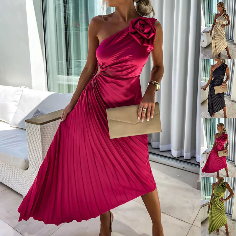 Big Rose Pleated One-Shoulder Dress