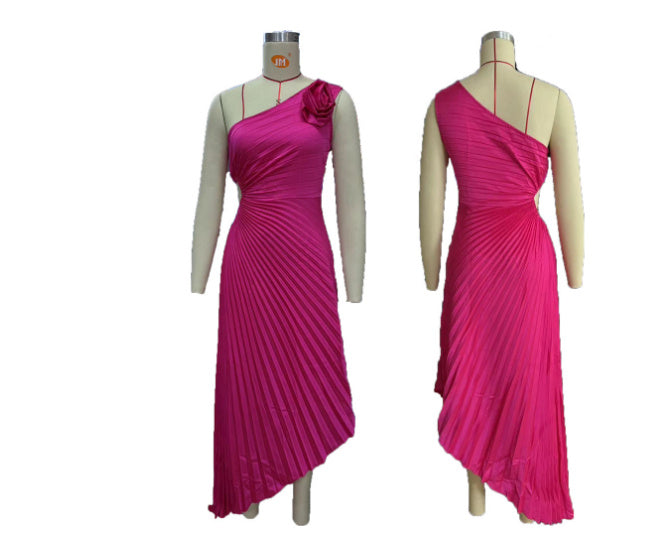 Big Rose Pleated One-Shoulder Dress