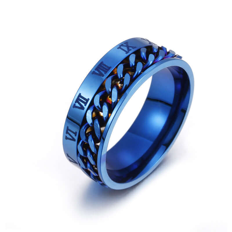 Titanium Steel Bottle Opener Ring in blue with engraved chain design and smooth finish, practical accessory for everyday use.
