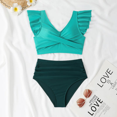 Split High Waist V-Neck Ruffled Bikini