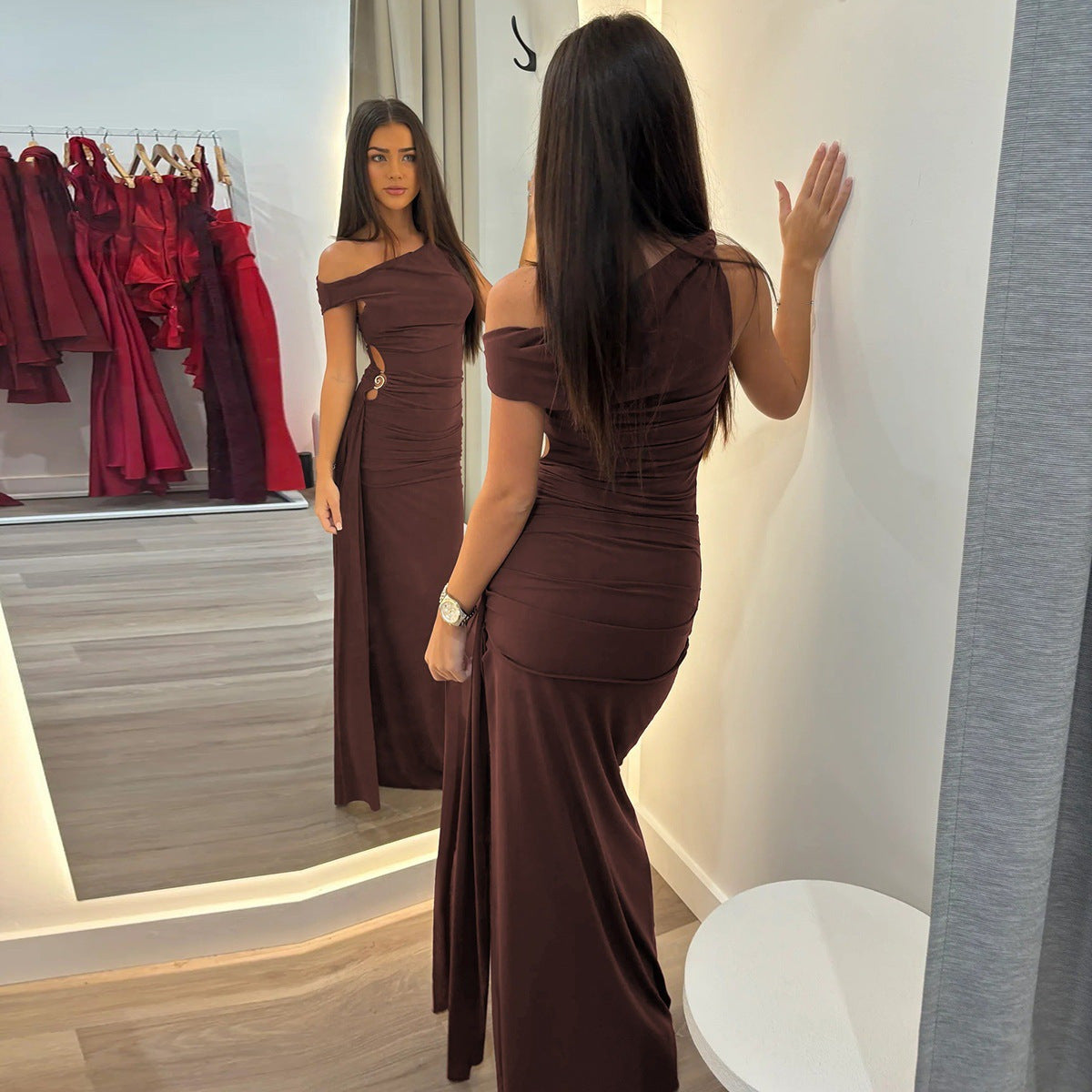 Sexy Slanted Shoulder Evening Gown
