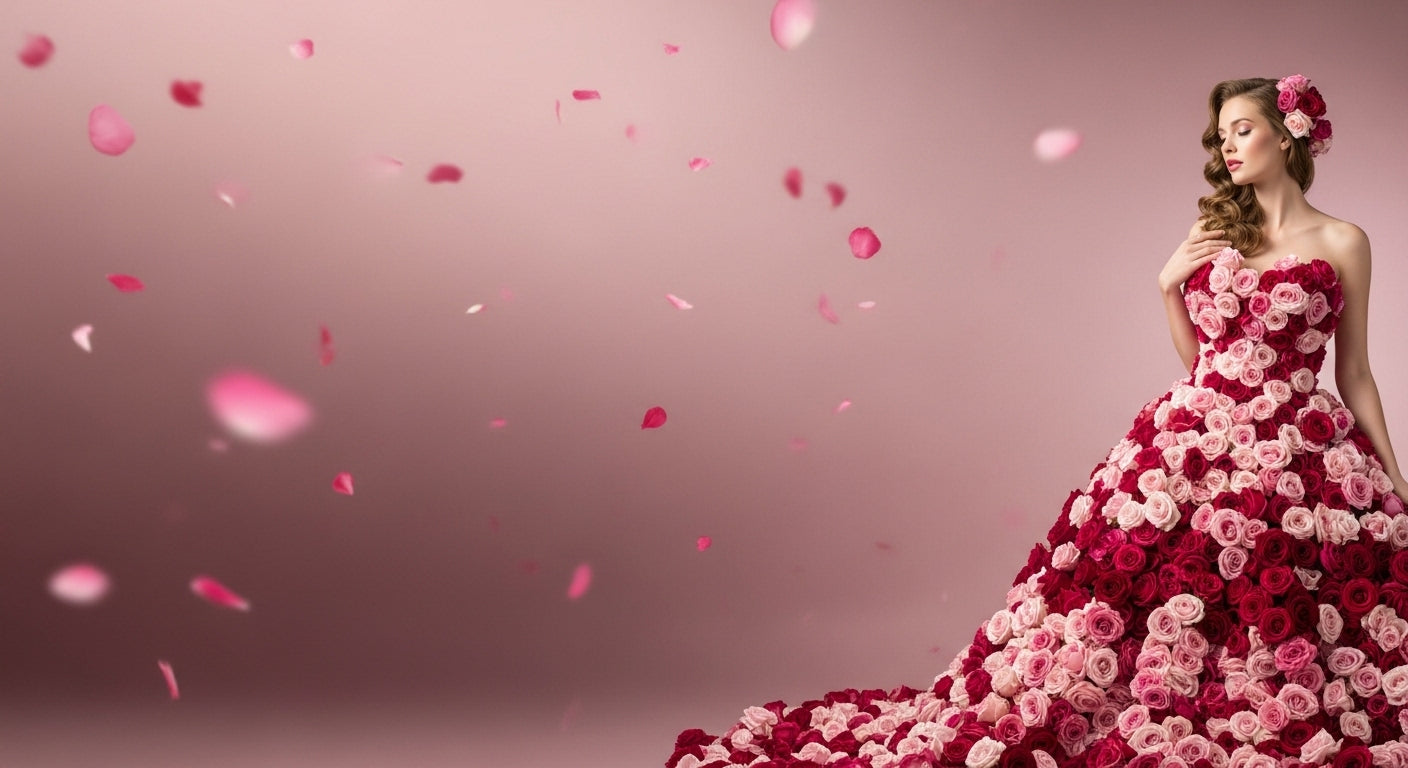 Woman in a floral dress with pink and red flowers 