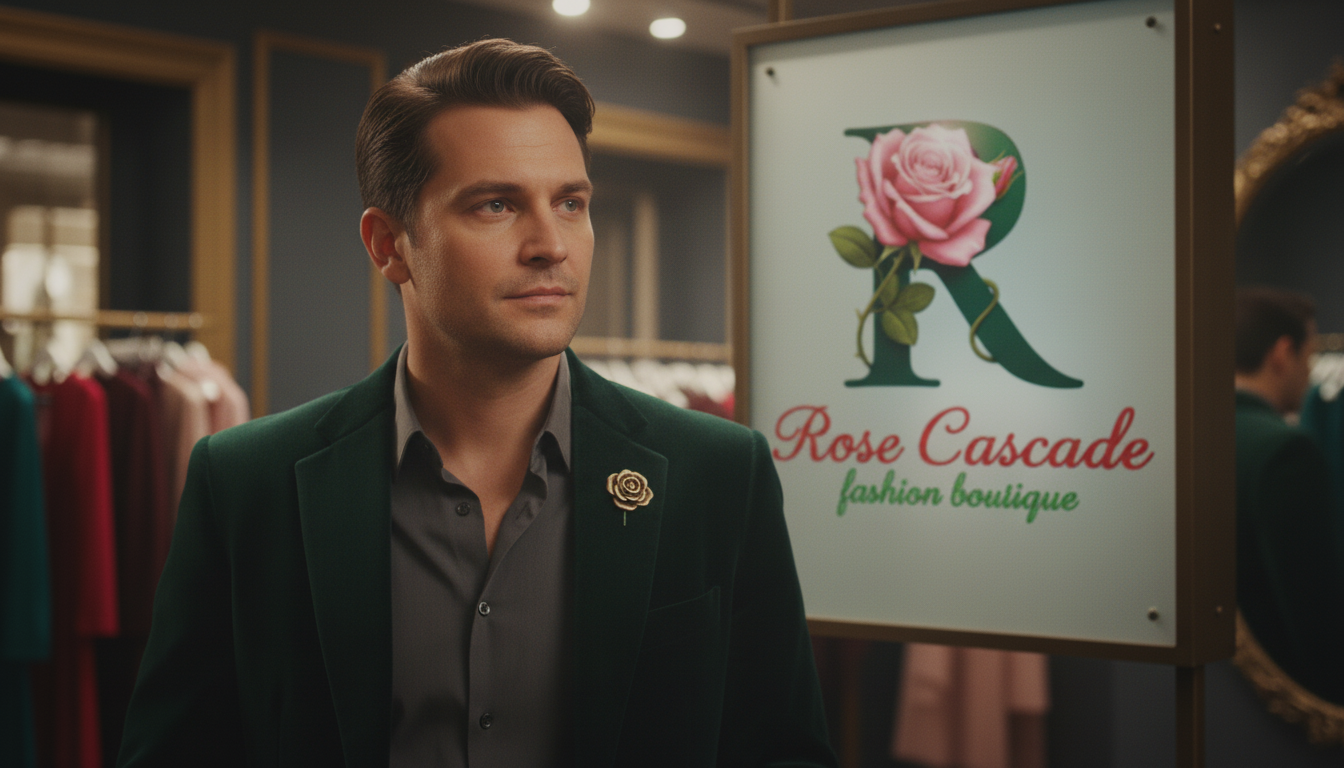 Man in a suit standing in front of a 'Rose Cascade fashion boutique' sign.