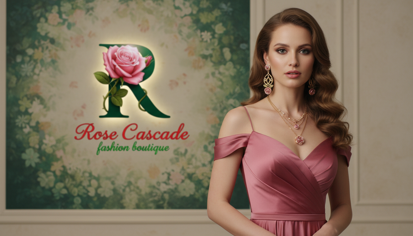 Woman in a pink dress standing next to a 'Rose Cascade' fashion boutique sign.