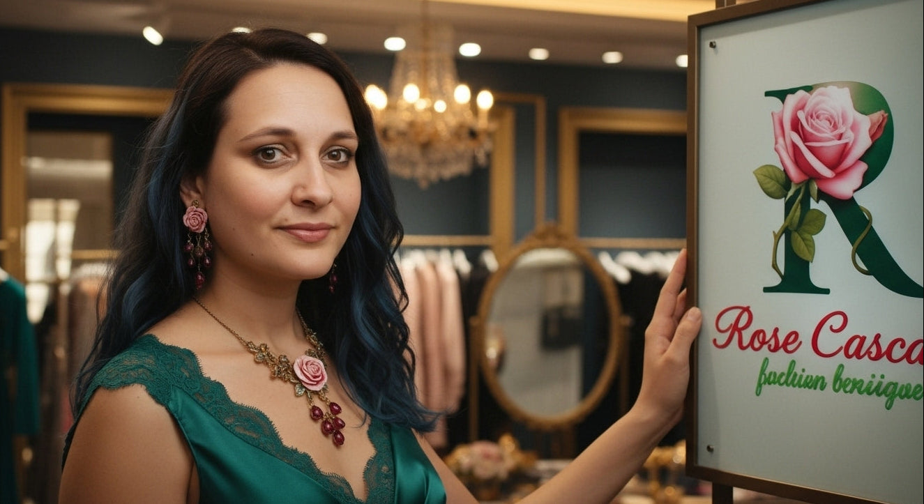 Woman holding a sign with 'Rose Casa' in a store setting