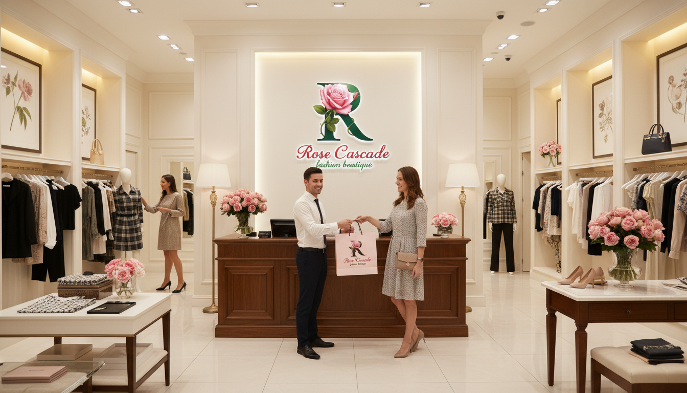 Man and woman interacting at a counter in a clothing store with 'Rose Cascade' branding.
