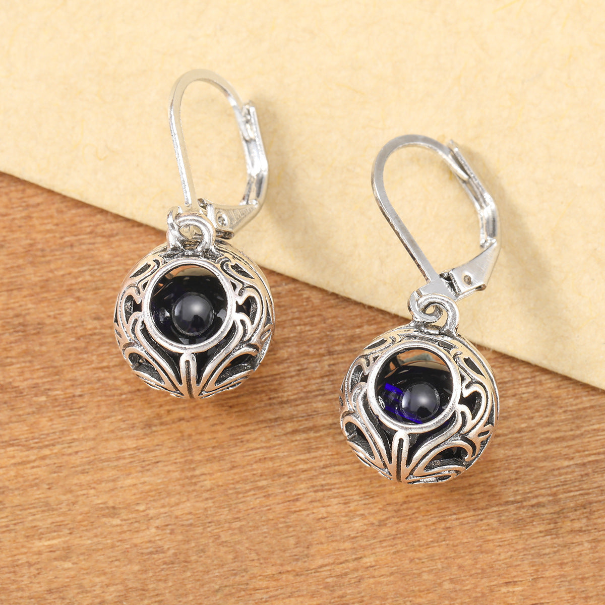 Vintage Engraving Hollow Blue Drop Earrings