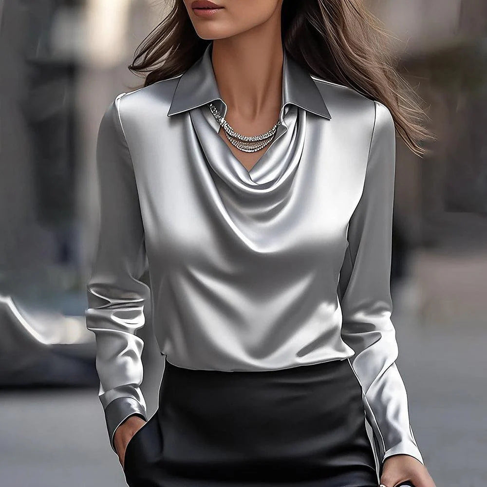 Swing Collar Draped Satin Shirt