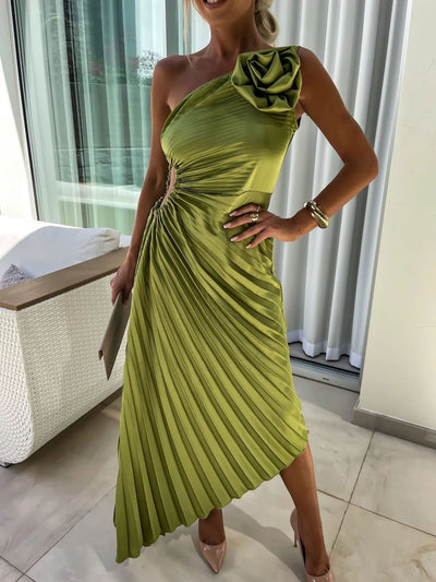 Big Rose Pleated One-Shoulder Dress