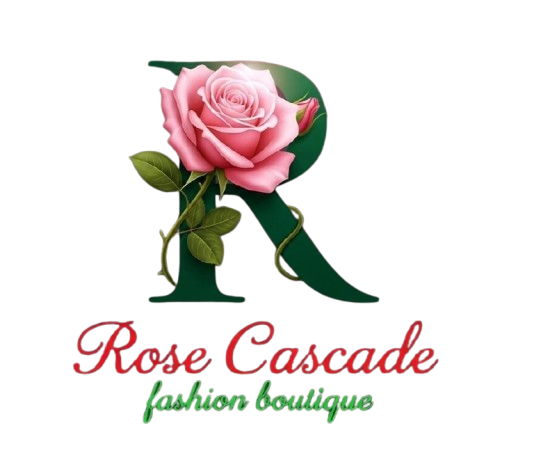 Logo of Rose Cascade fashion boutique with a pink rose and green leaves on a white background.