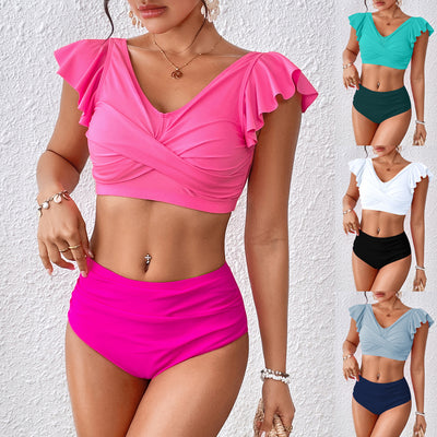 Split High Waist V-Neck Ruffled Bikini