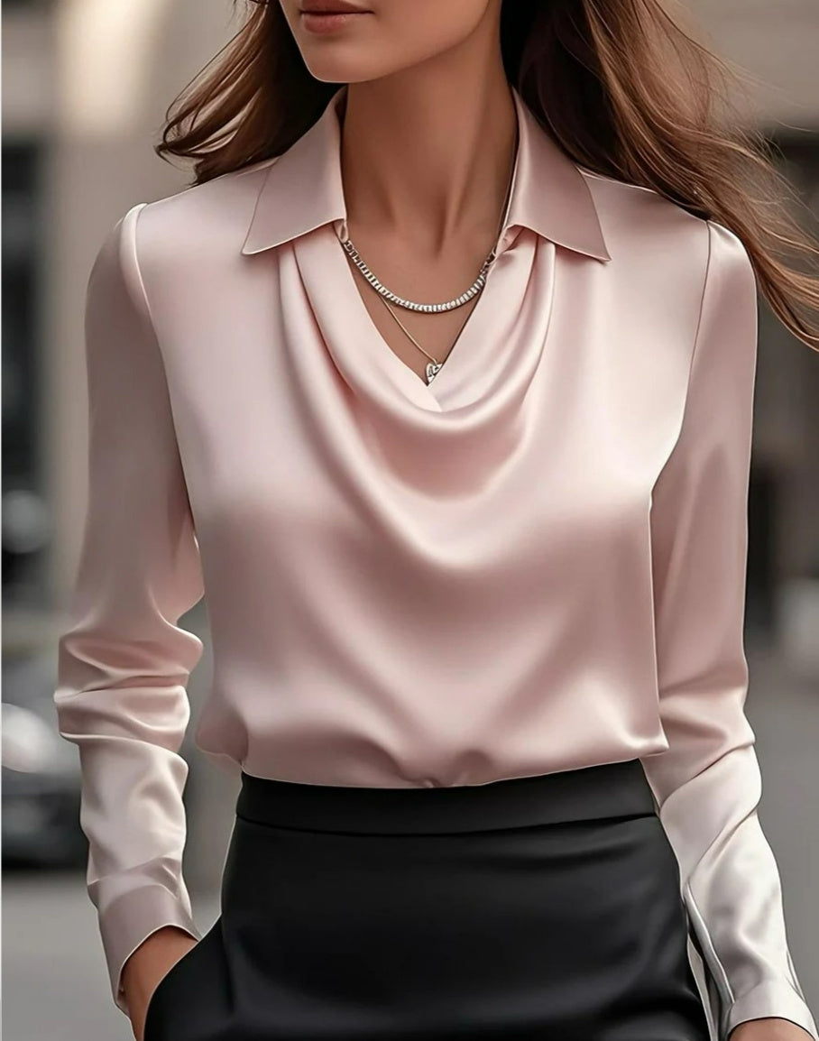 Swing Collar Draped Satin Shirt