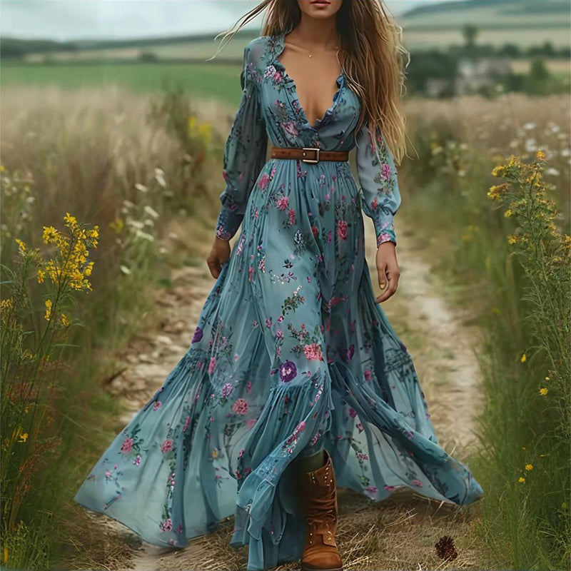 Sexy V-Neck Long Sleeve Evening Dress