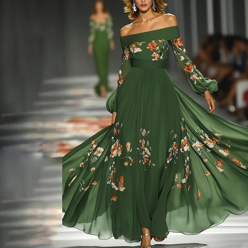 Elegant Green Off-Shoulder Floral Dress