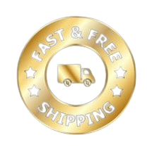 Gold circular badge with 'Fast & Free Shipping' text and a truck icon.