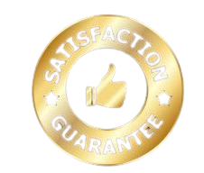 Gold 'Satisfaction Guarantee' badge with a thumbs-up icon